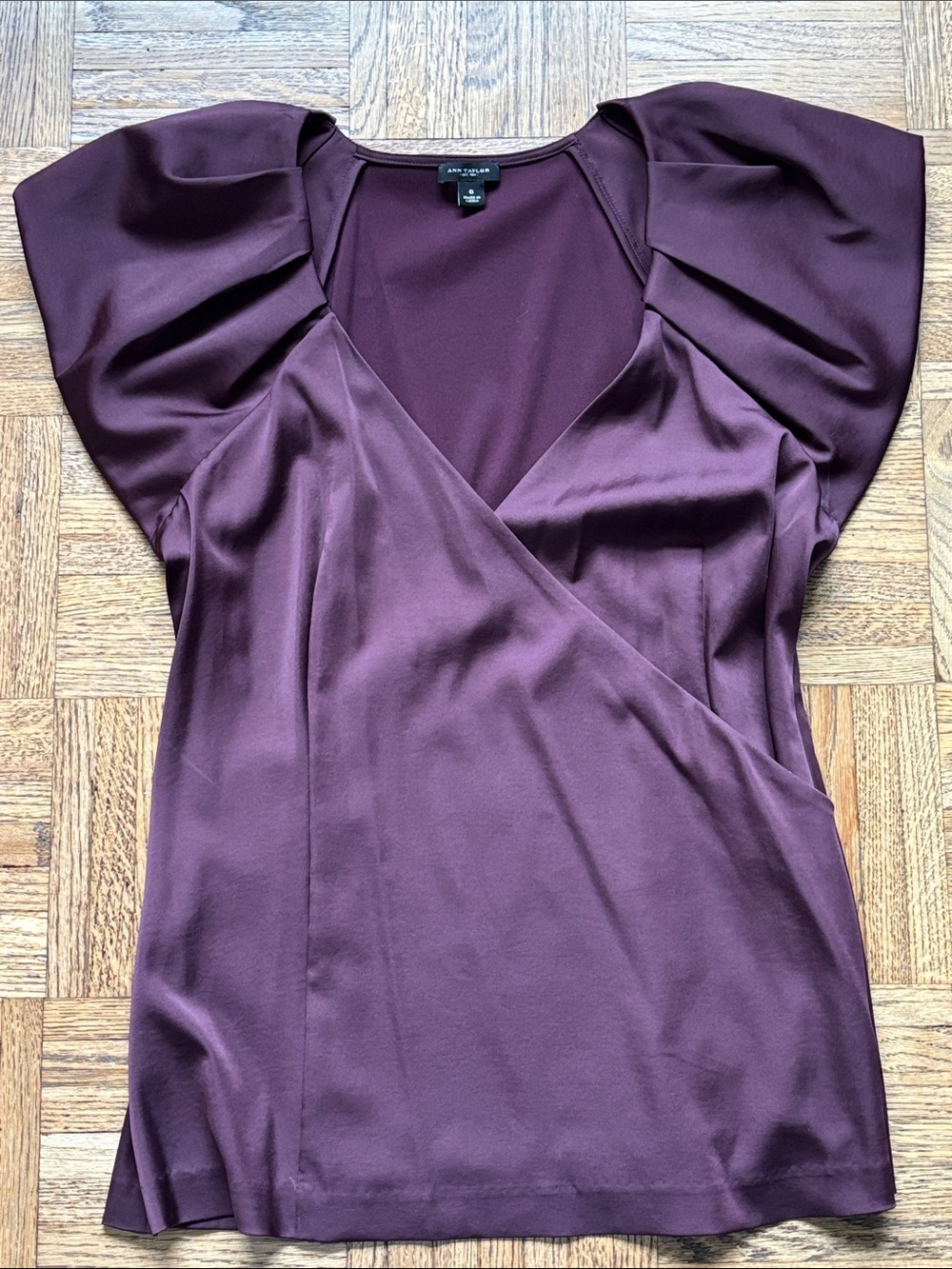 Ann Taylor Deep Plum Satin Wrap-Front Flutter Sleeve Blouse